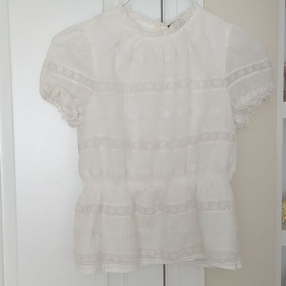 J Crew White Daisy Chain Lace Peplum Ruffle Blouse Boho Chic Size XS Spring Vibe - Picture 3 of 8